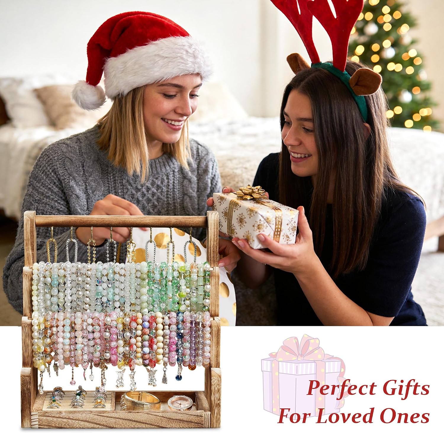 4-Tier Wood Bracelet Stand with Necklace Holder, Rustic Jewelry Tower - Image 5