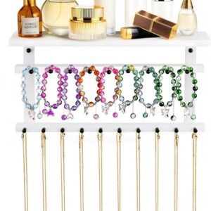 Wall-Mounted Necklace Holder with 19 Hooks, Bracelet Bar & Tray