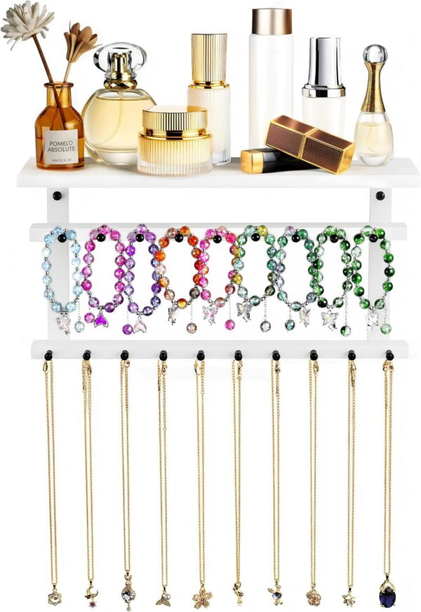 Wall-Mounted Necklace Holder with 19 Hooks, Bracelet Bar & Tray