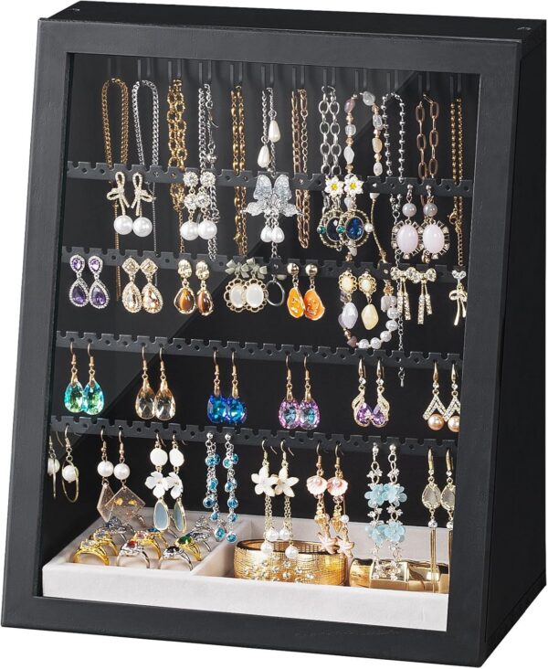 Wooden Earring Organizer Case with Clear Door, Dustproof Display