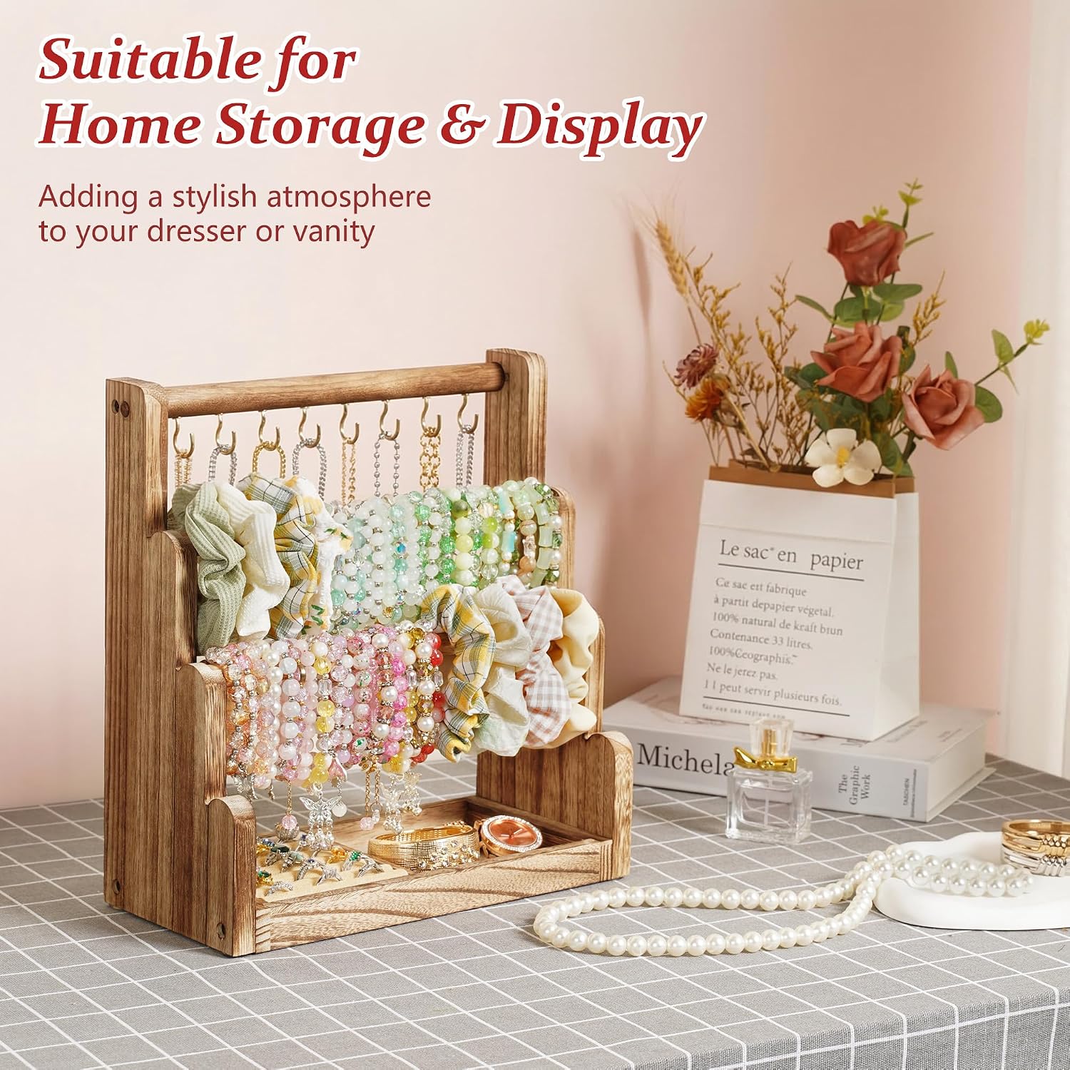 4-Tier Wood Bracelet Stand with Necklace Holder, Rustic Jewelry Tower - Image 6