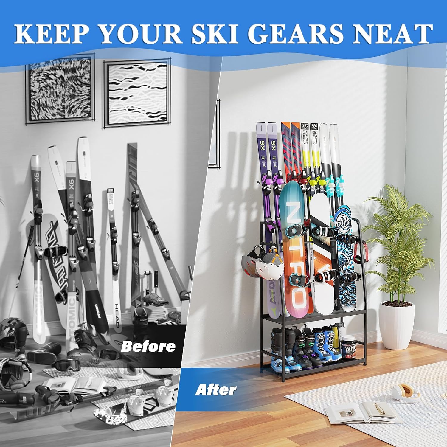 Heavy-Duty Steel Ski Rack, Freestanding Snowboard & Boot Organizer - Image 6
