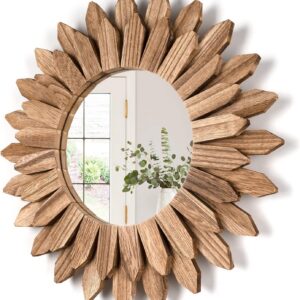 Round Shabby Chic Sunburst Wall Mirror, Vintage Torched Wood Boho Decor