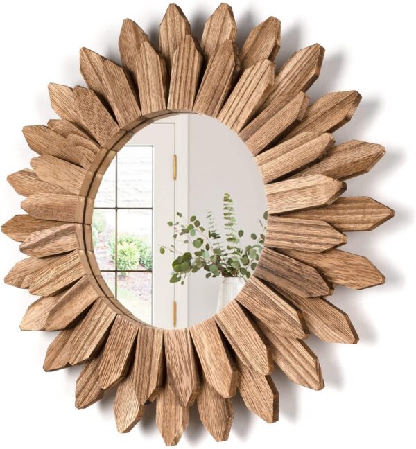 Round Shabby Chic Sunburst Wall Mirror, Vintage Torched Wood Boho Decor