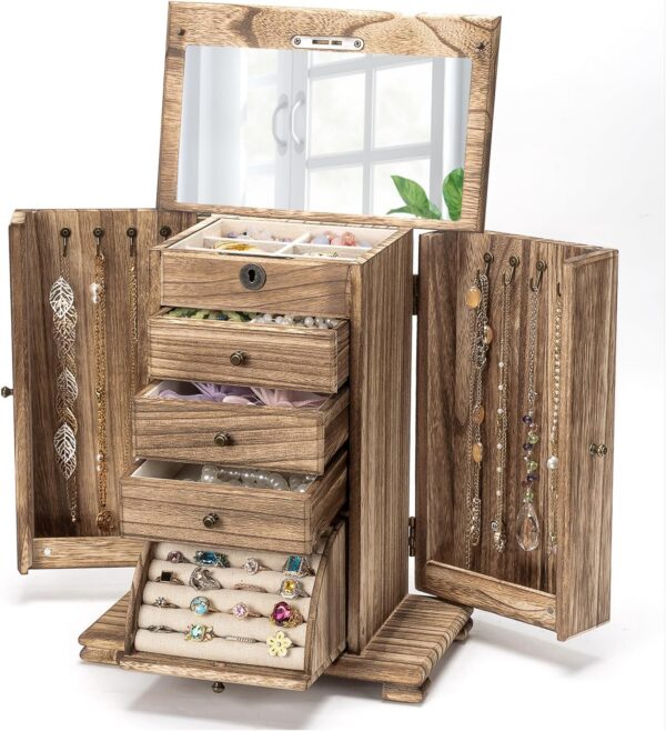 Lockable 5-Layer Wooden Jewelry Box with Mirror & Drawers