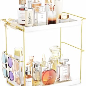 2-Tier White & Gold Perfume Organizer Tray for Vanity Countertop