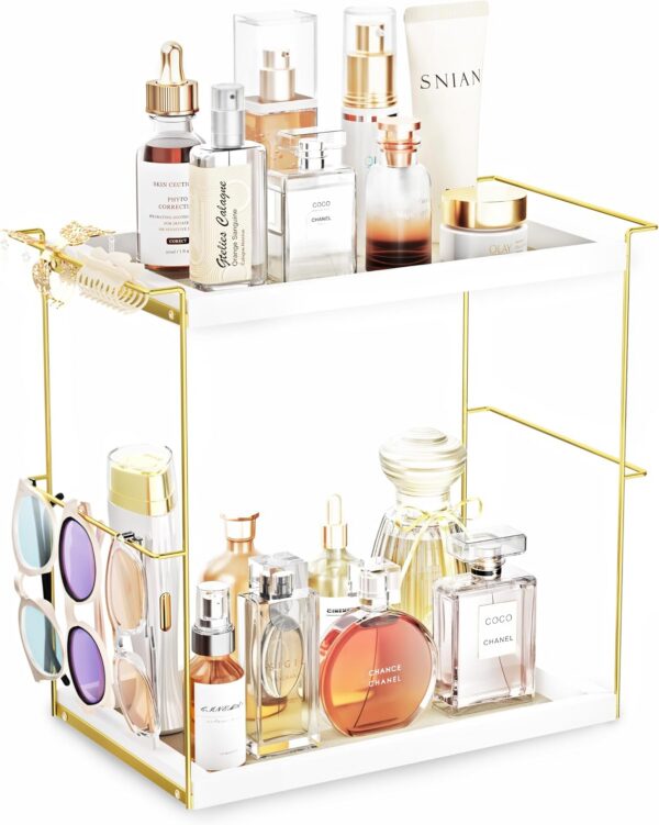 2-Tier White & Gold Perfume Organizer Tray for Vanity Countertop