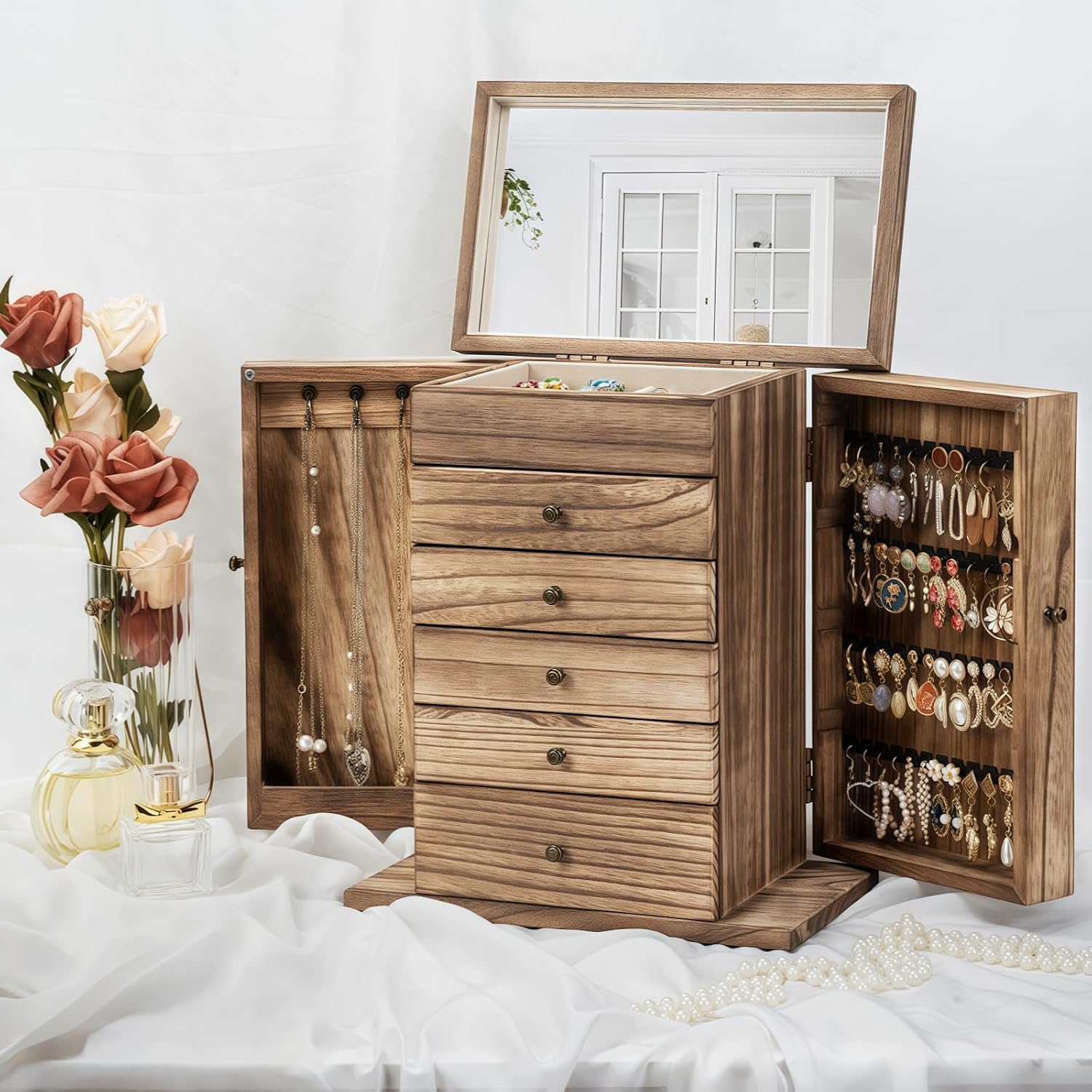 6-Tier Large Wooden Jewelry Box Organizer with Mirror for Women - Image 4