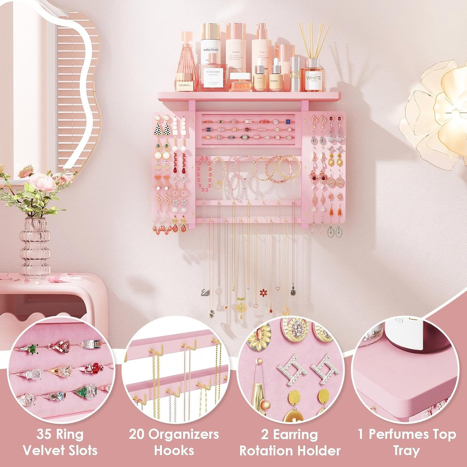 5-in-1 Pink Hanging Jewelry Organizer, Wall Necklace Holder - Image 8
