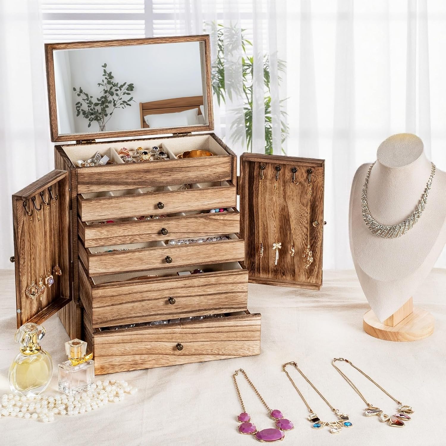 6-Tier Large Wooden Jewelry Box Organizer with Mirror for Women - Image 8