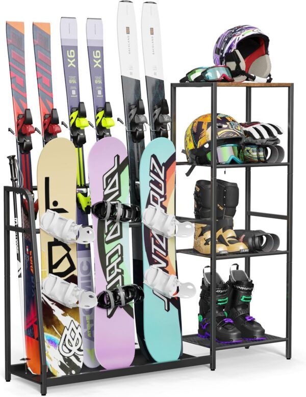 Freestanding Ski & Snowboard Rack for Garage, 4 Pair Storage