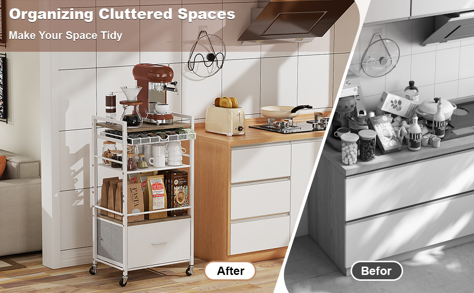 5-Tier Rolling Coffee Bar Cabinet with Drawer, Kitchen Buffet Cart
