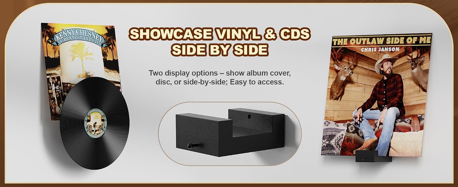 Dual Vinyl Record Wall Display 12-Pack, No-Drill Disc & Sleeve Holder