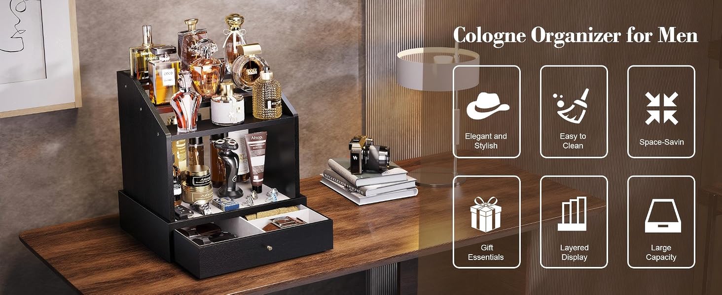 2-in-1 Cologne Organizer Stand, 3-Tier with Velvet-Lined Drawers