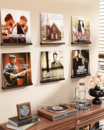 Vinyl Record Wall Shelf 6-Pack, Floating LP Album Holder in Solid Wood
