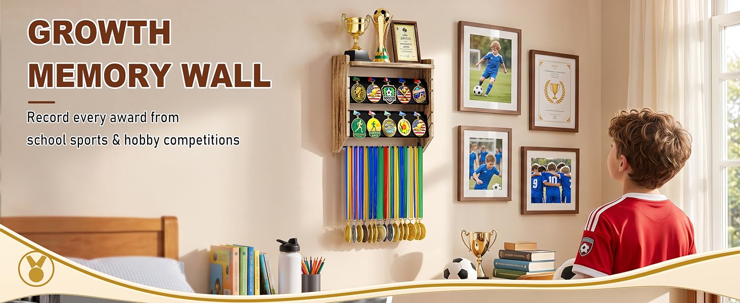 3-Tier Medal Hanger Display with Trophy Shelf, Wall-Mounted Wood