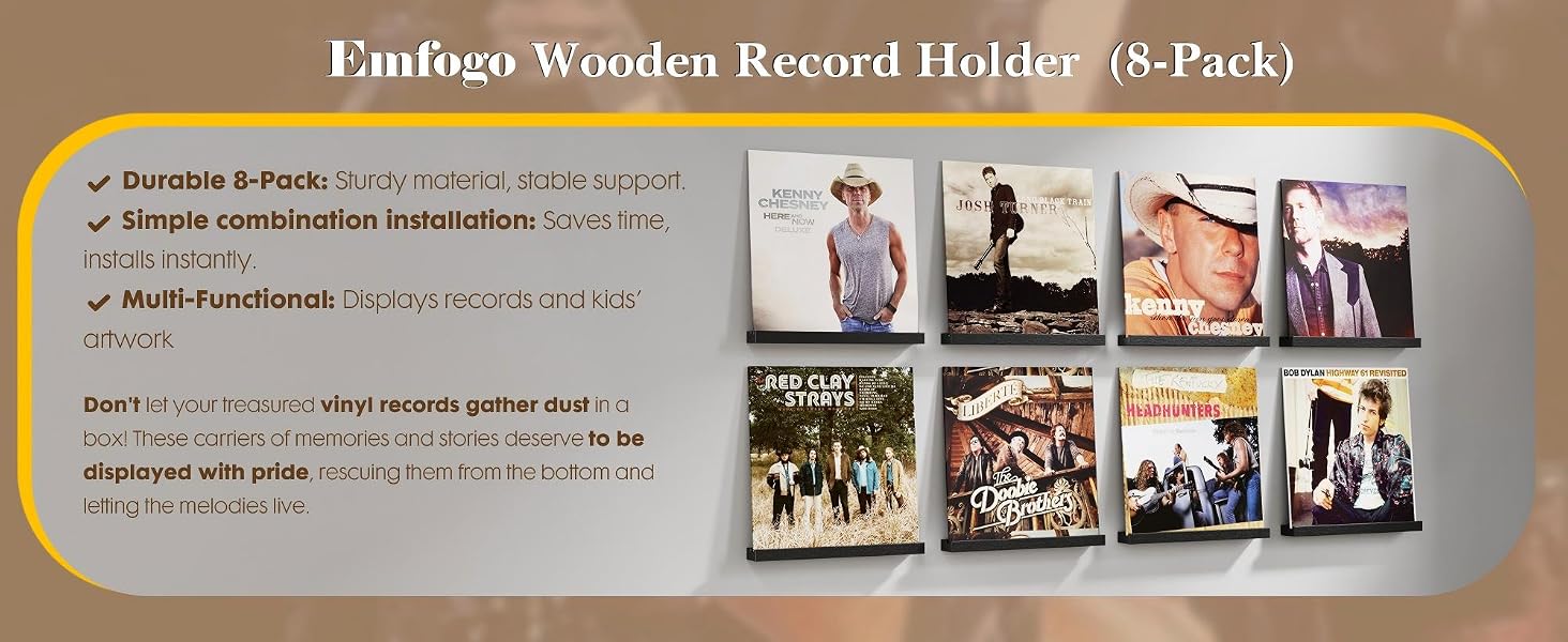8-Pack Wood Vinyl Record Wall Shelves, 12-Inch LP Album Holder