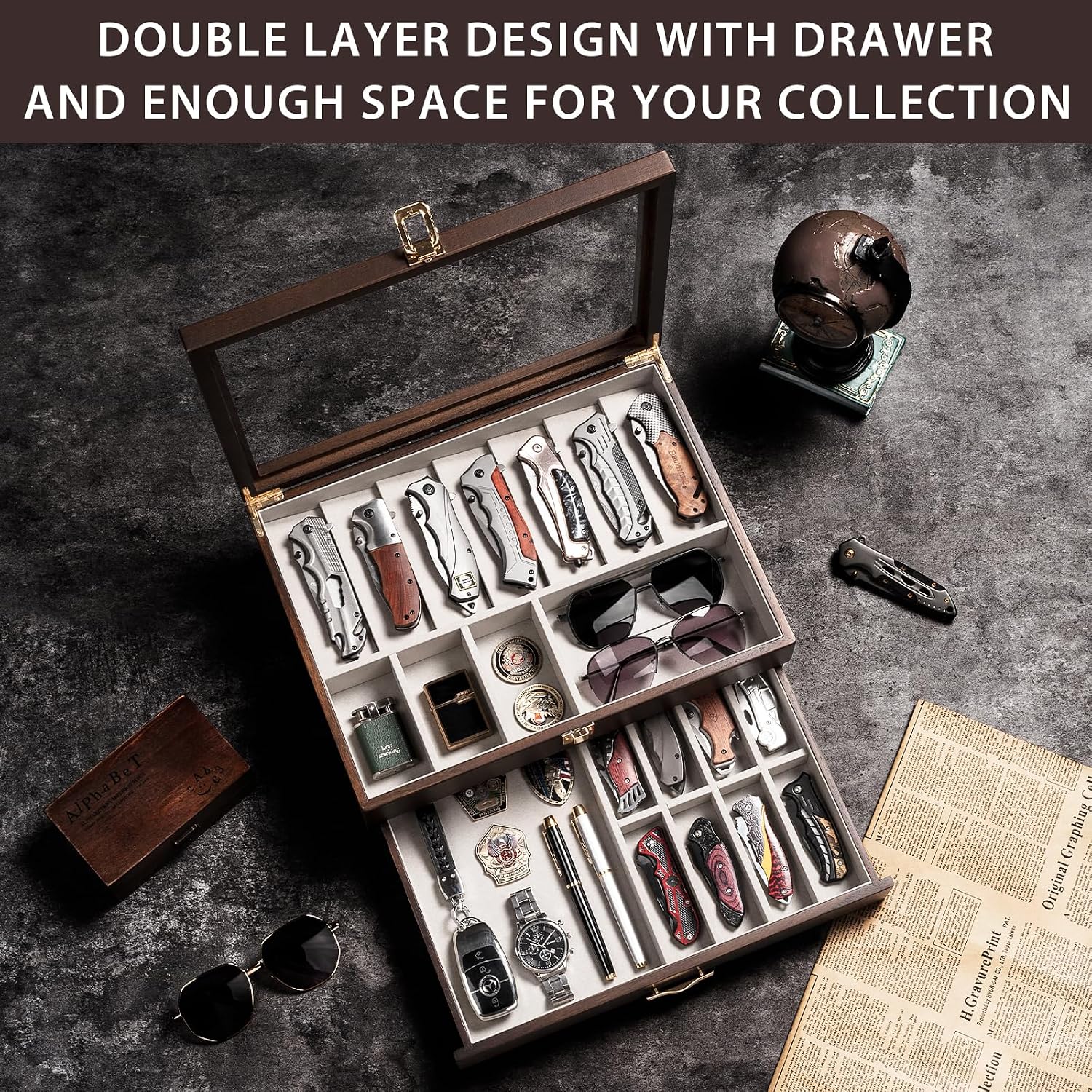 Glass-Top Pocket Knife Display Case, Wooden Collector Box for 24 Folders - Image 6