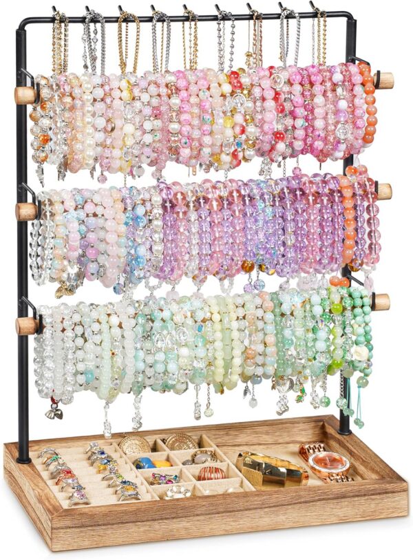 5-Layer Wood & Metal Bracelet Holder with Necklace Pole