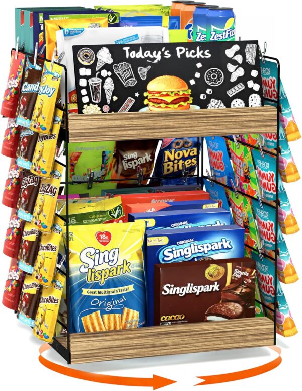 6-Tier Rotating Chip Display Rack with 50 Clips, Candy Stand