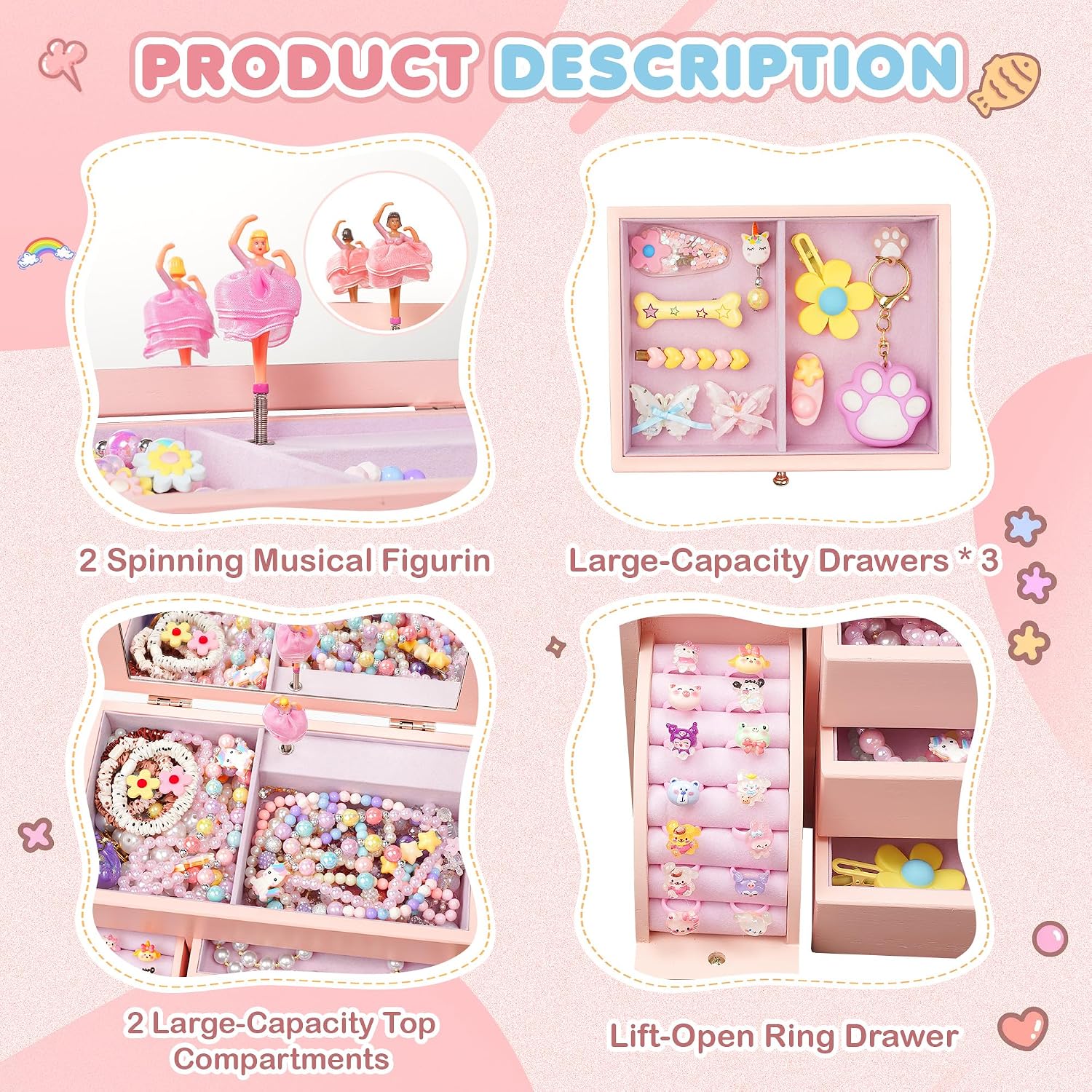4-Layer Pink Ballerina Music Box, Solid Wood Girls Jewelry Organizer - Image 2