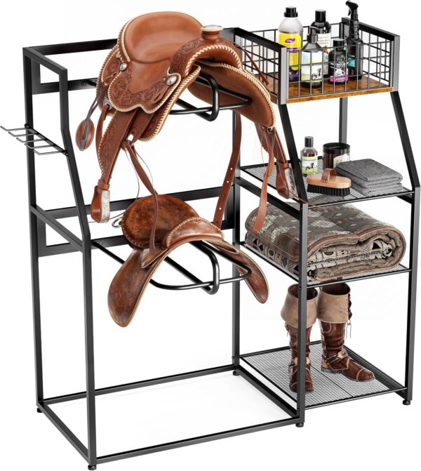 Heavy-Duty Freestanding Saddle Rack with Tack Storage, Western & English