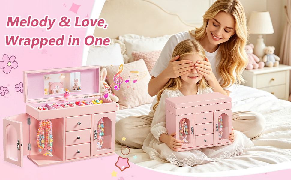Pink Musical Ballerina Jewelry Box for Girls, 5-Layer with Mirror & Side Doors