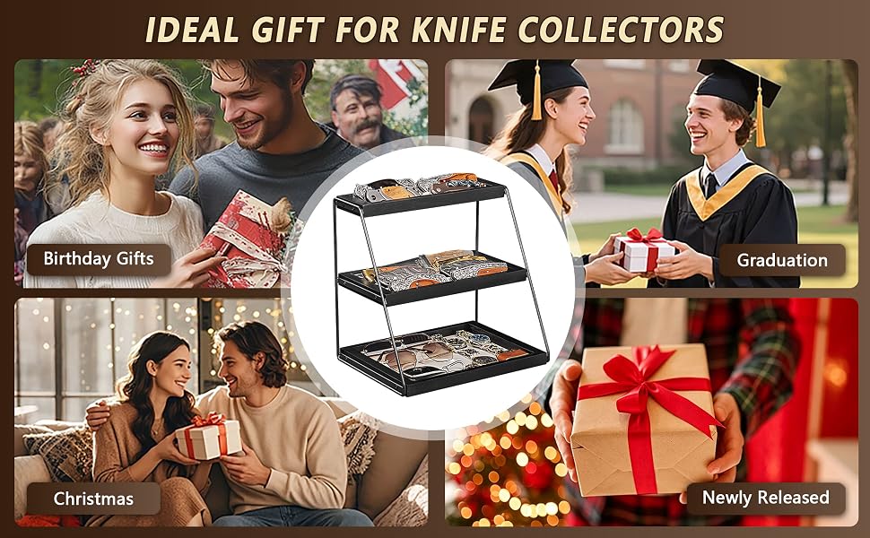 3-Tier Pocket Knife Display Stand, Velvet-Padded Wood Holder