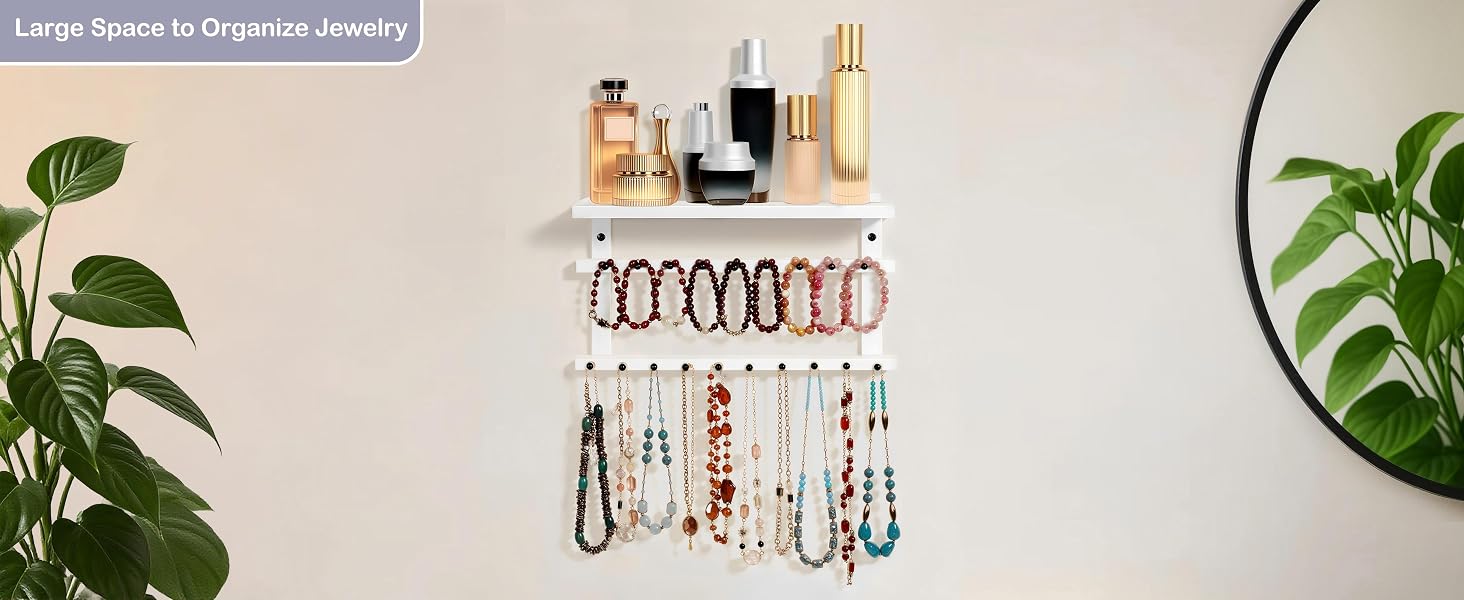 Wall-Mounted Necklace Holder with 19 Hooks, Bracelet Bar & Tray