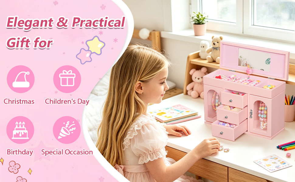 Pink Musical Ballerina Jewelry Box for Girls, 5-Layer with Mirror & Side Doors