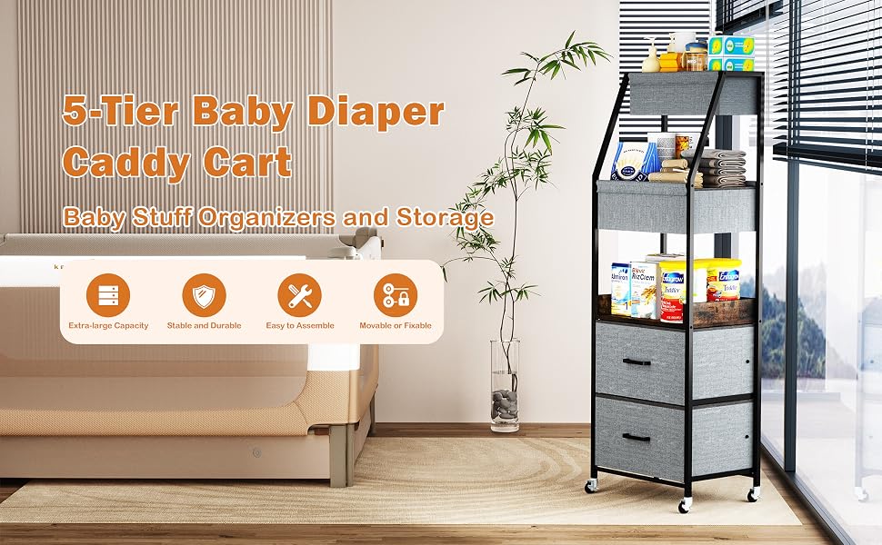 5-Tier Rolling Diaper Caddy Cart with Drawers for Nursery