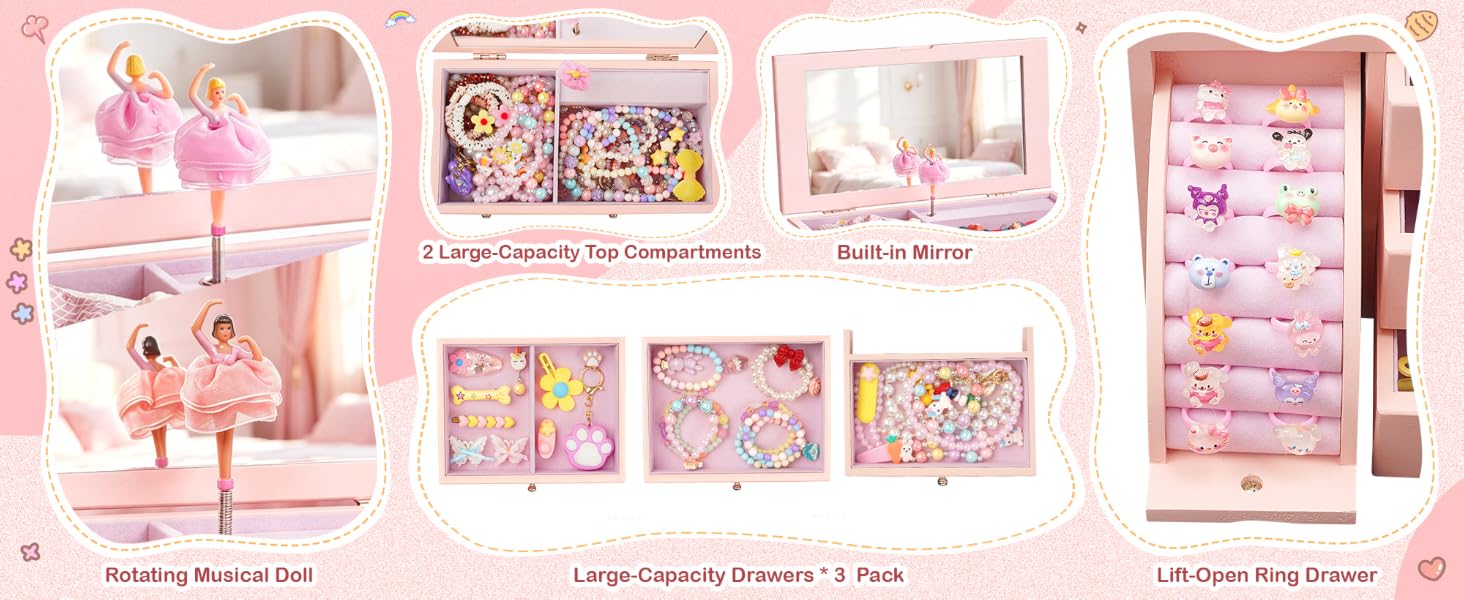 4-Layer Pink Ballerina Music Box, Solid Wood Girls Jewelry Organizer
