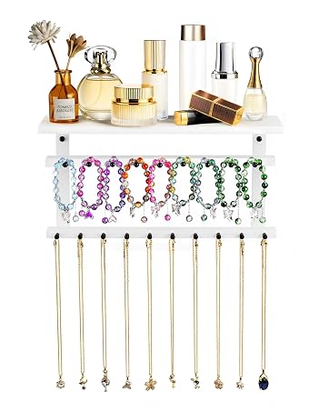 Wall-Mounted Necklace Holder with 19 Hooks, Bracelet Bar & Tray