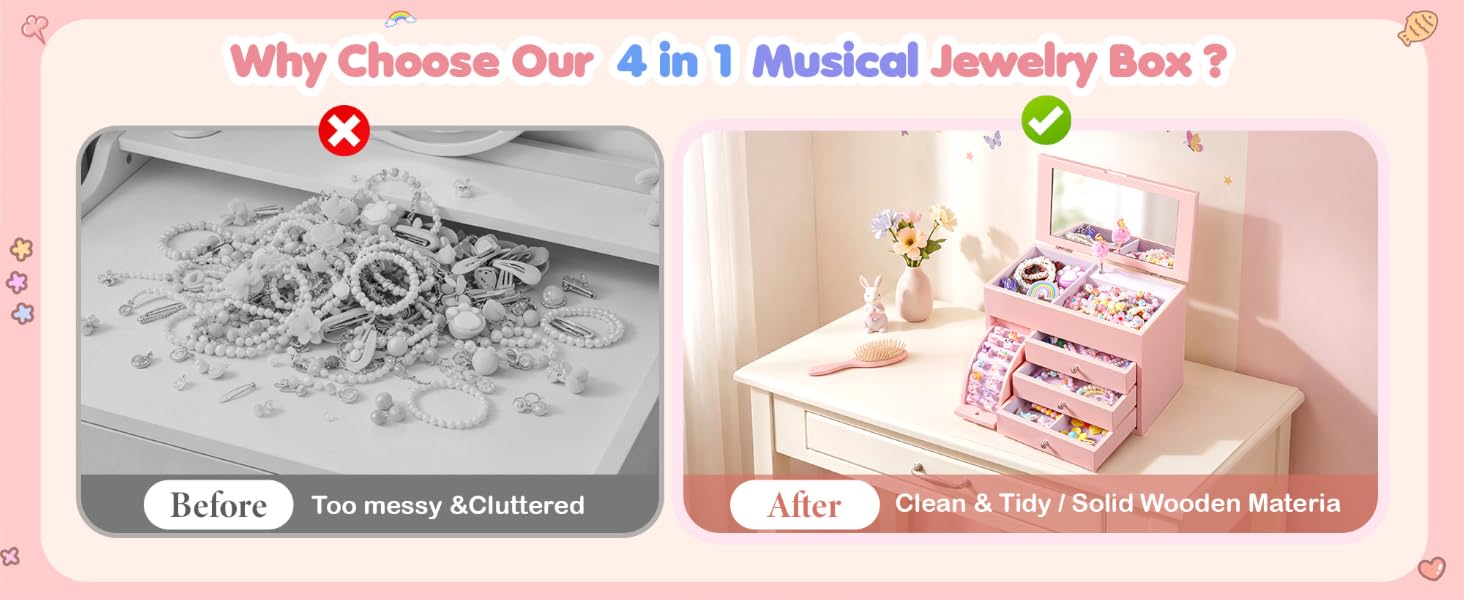4-Layer Pink Ballerina Music Box, Solid Wood Girls Jewelry Organizer
