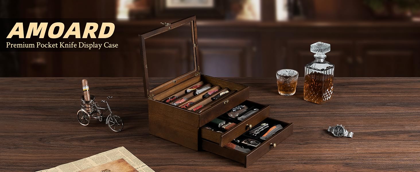 3-Layer Wooden Pocket Knife Case with Glass Lid & Drawers, Lockable