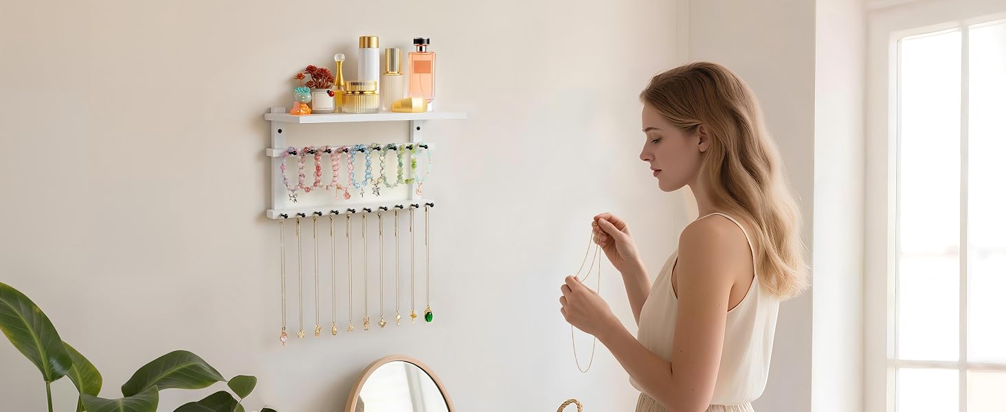 Wall-Mounted Necklace Holder with 19 Hooks, Bracelet Bar & Tray