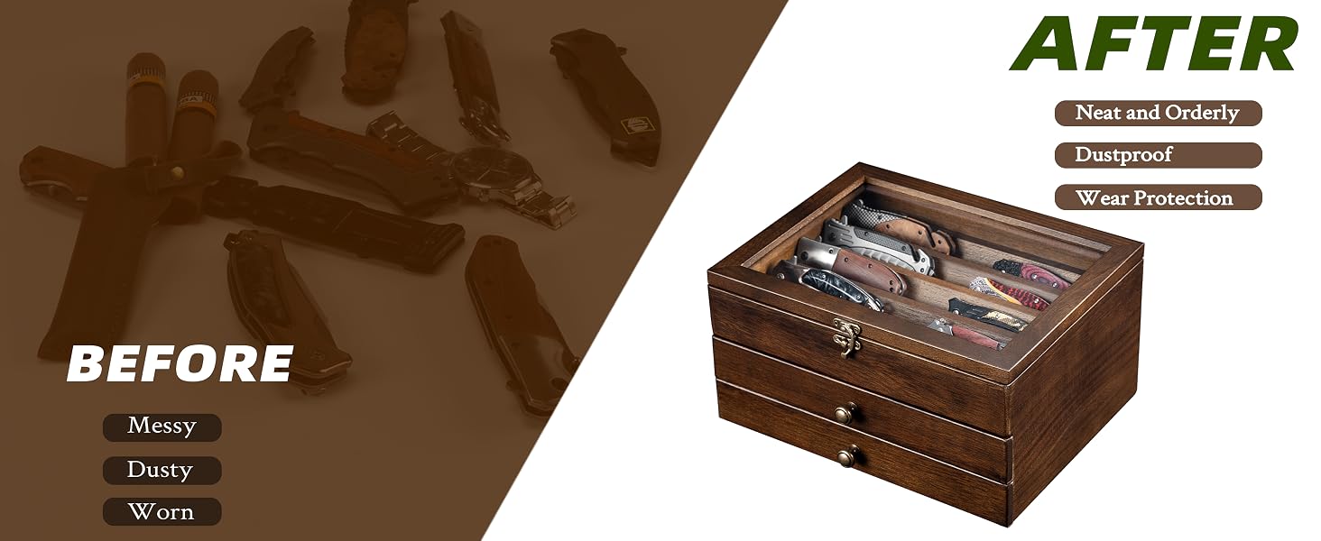 3-Layer Wooden Pocket Knife Case with Glass Lid & Drawers, Lockable