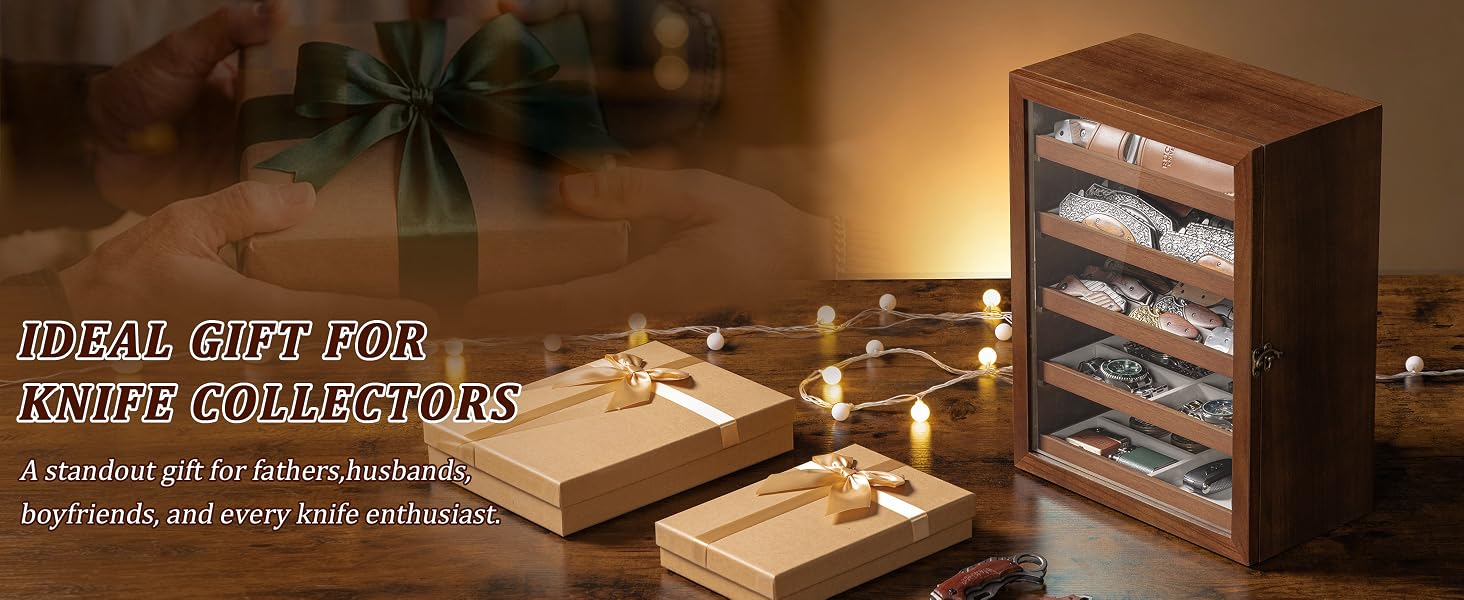 5-Tier Walnut Pocket Knife Display Cabinet