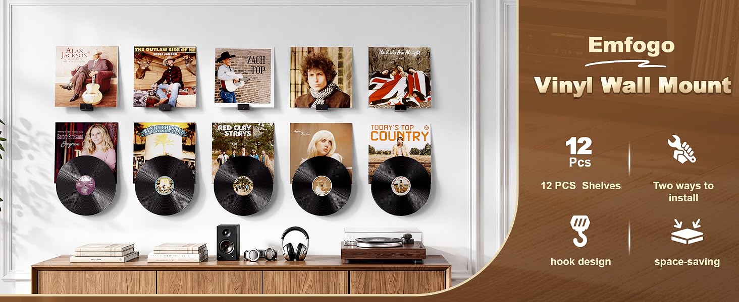 Dual Vinyl Record Wall Display 12-Pack, No-Drill Disc & Sleeve Holder