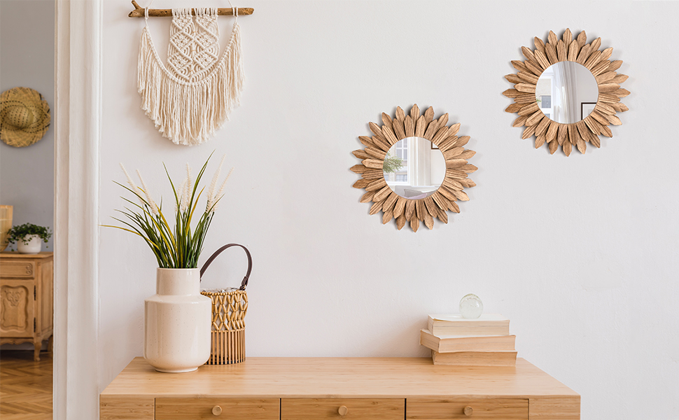 Honiway 12-Inch Sunburst Boho Mirror with Rustic Wood Frame