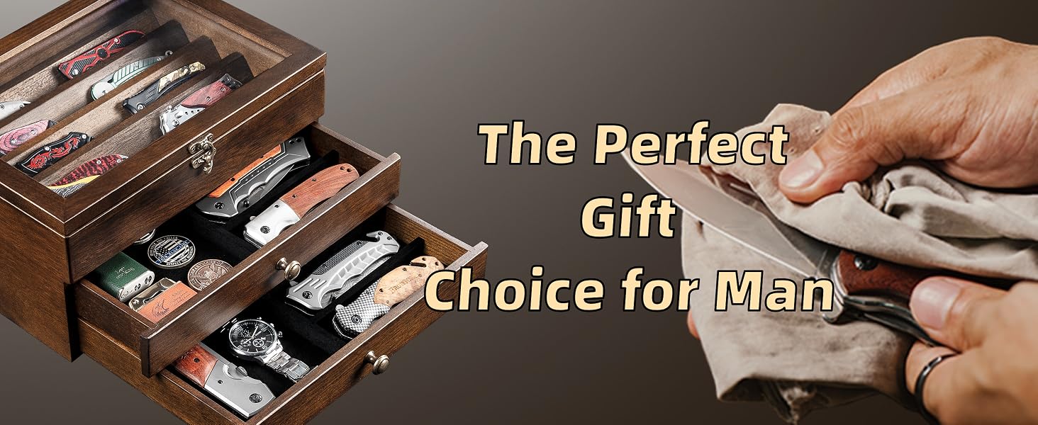 3-Layer Wooden Pocket Knife Case with Glass Lid & Drawers, Lockable