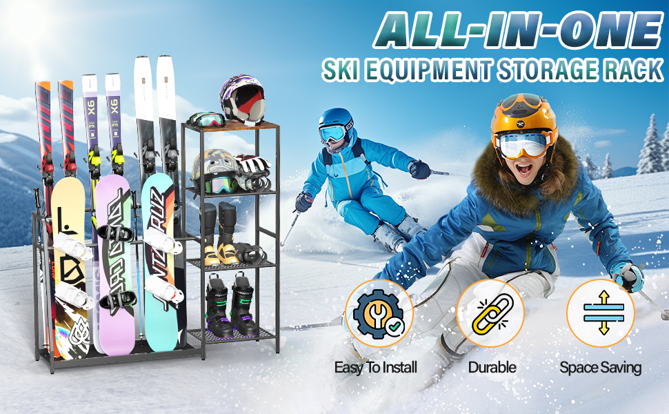 Freestanding Ski & Snowboard Rack for Garage, 4 Pair Storage