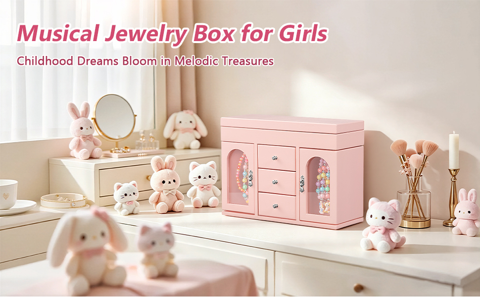 Pink Musical Ballerina Jewelry Box for Girls, 5-Layer with Mirror & Side Doors