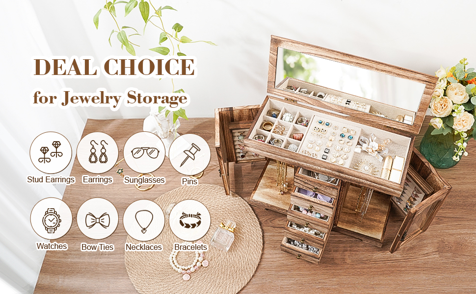 Elegant 5-Layer Wooden Jewelry Box with Mirror, Necklace & Ring Storage
