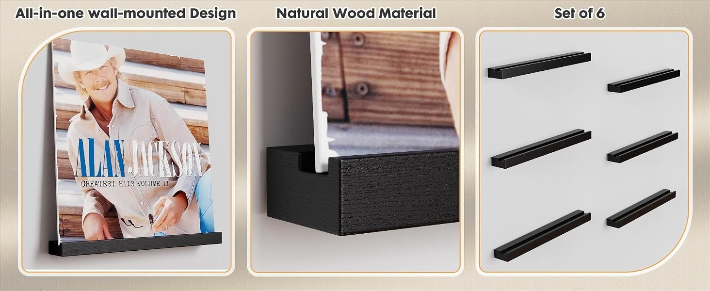 Vinyl Record Wall Shelf 6-Pack, Floating LP Album Holder in Solid Wood