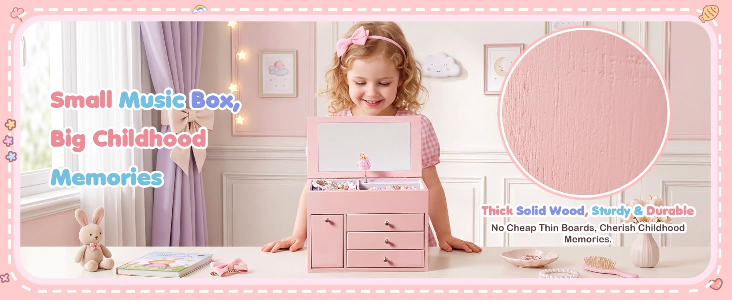 4-Layer Pink Ballerina Music Box, Solid Wood Girls Jewelry Organizer