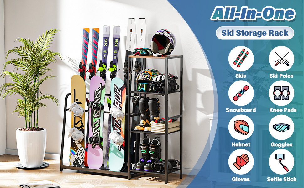 Freestanding Ski & Snowboard Rack for Garage, 4 Pair Storage