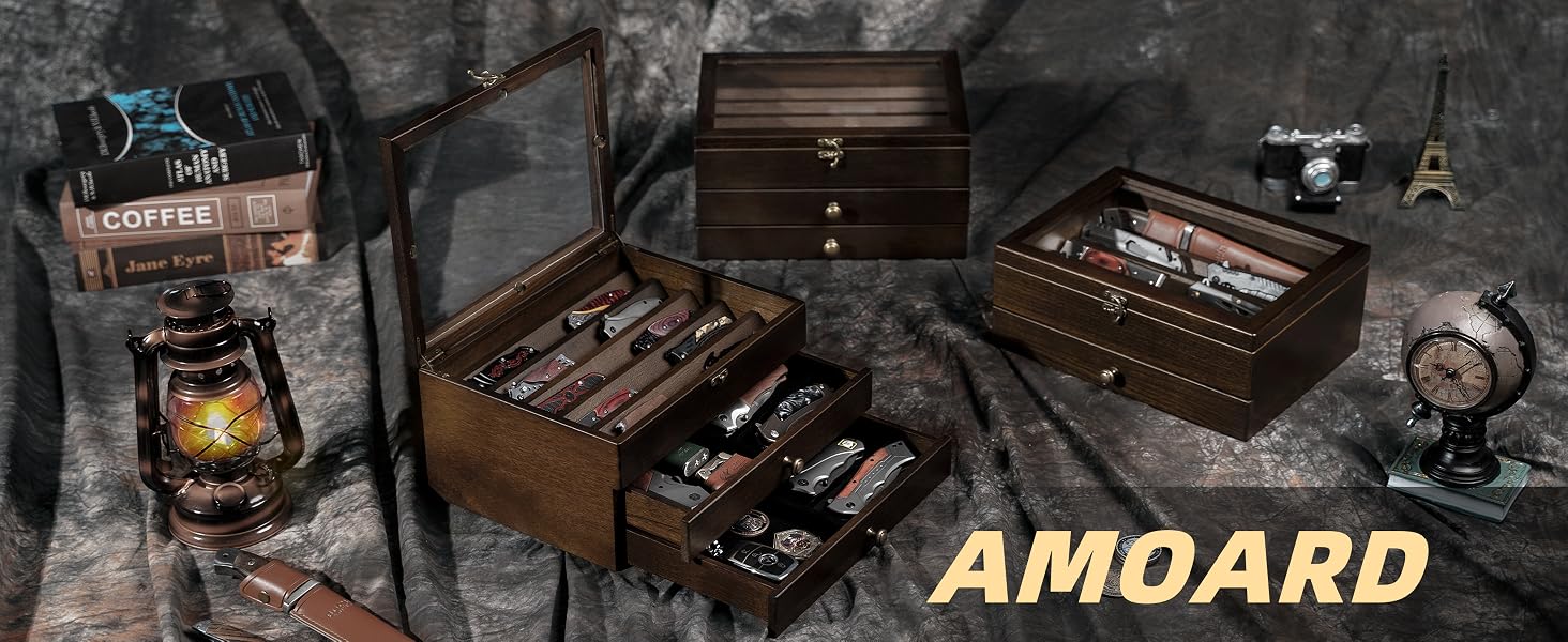 3-Layer Wooden Pocket Knife Case with Glass Lid & Drawers, Lockable