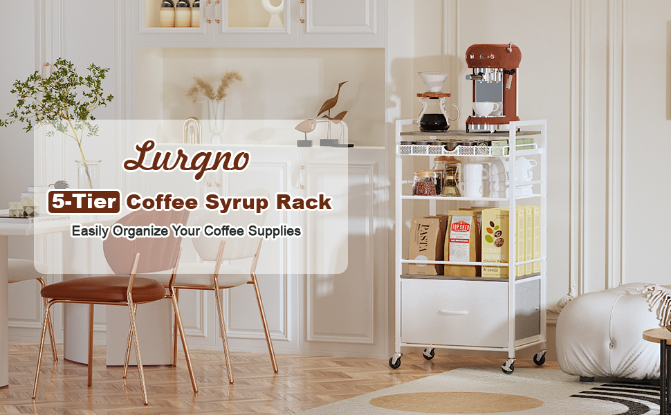 5-Tier Rolling Coffee Bar Cabinet with Drawer, Kitchen Buffet Cart
