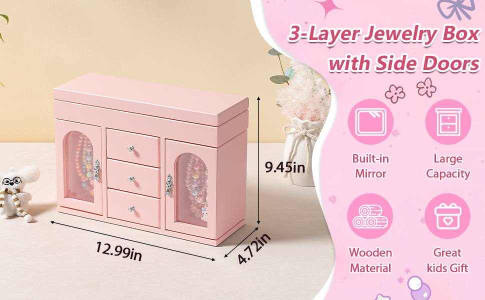 Pink Musical Ballerina Jewelry Box for Girls, 5-Layer with Mirror & Side Doors